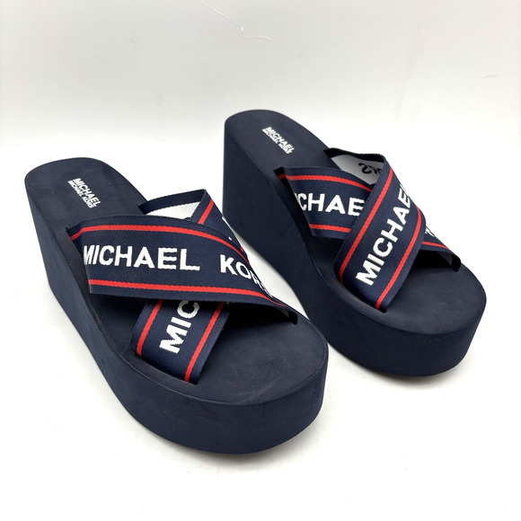 NEW Michael Kors Demi Navy Crisscross Logo Strap Platform Wedge Sandals 9M - Picture 1 of 16